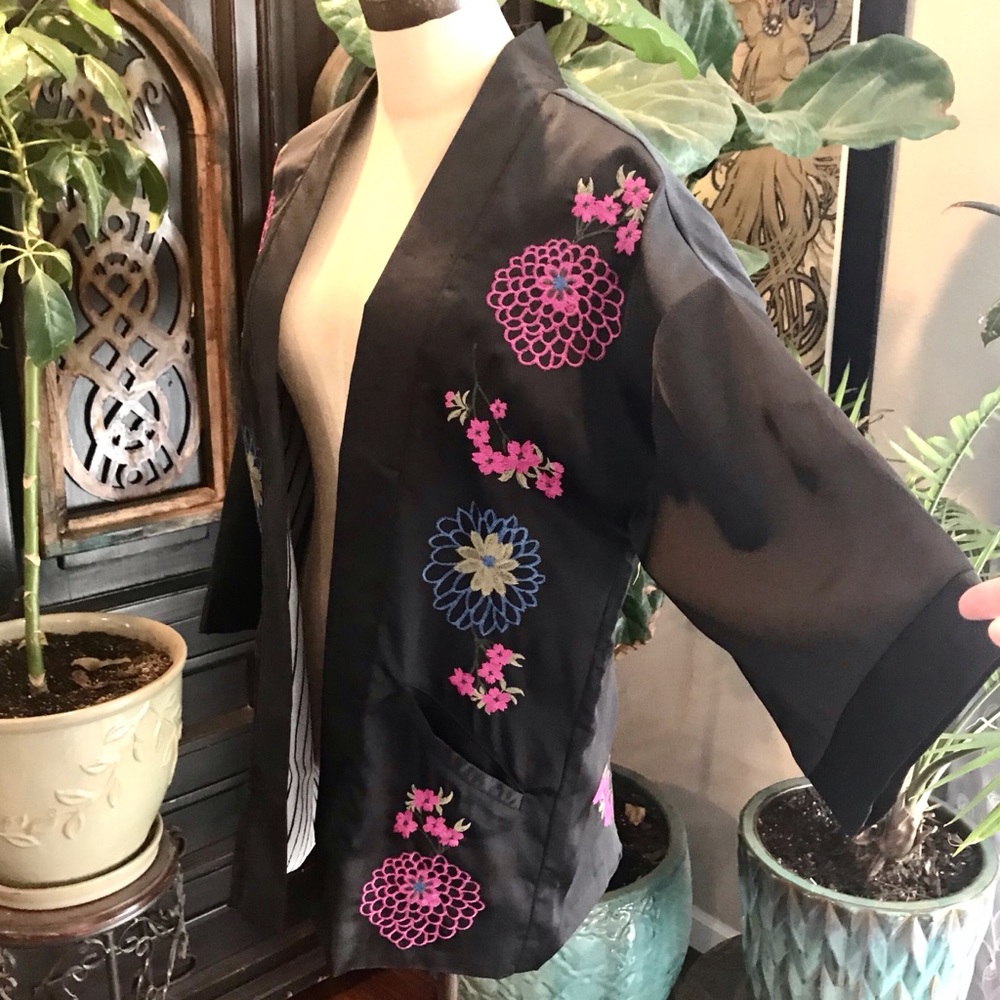 Cosima embroidered satin kimono jacket cover up - Picture 4 of 8